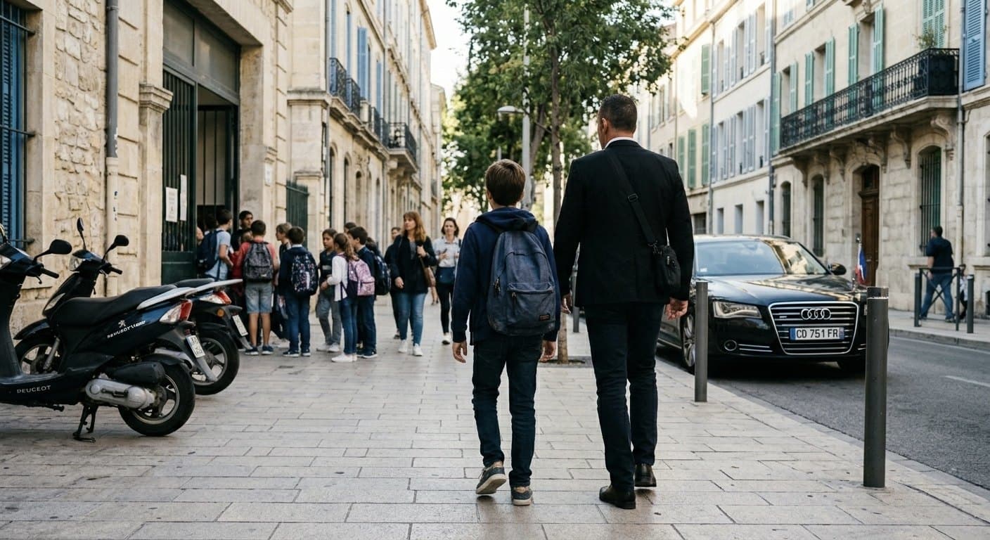 Agent accompagnant un enfant à l'école dans une rue de Marseille